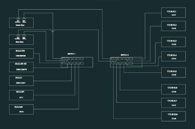 DMR IP network map schematic showing server, switch, and radio unit connections with IP addresses.
