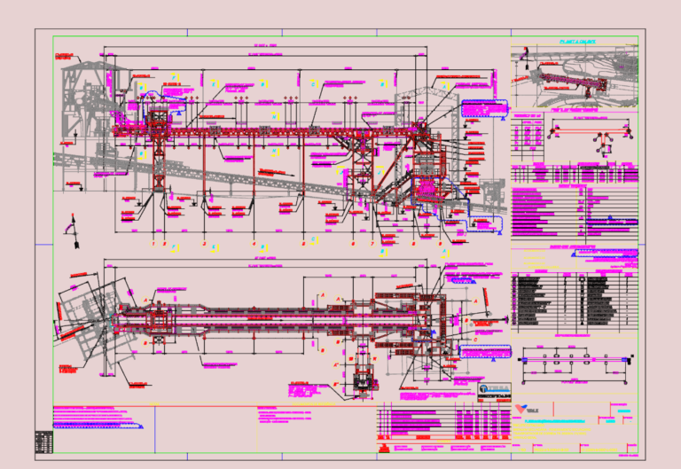 Plan and profile technical drawing of an industrial belt conveyor system for iron ore mining.