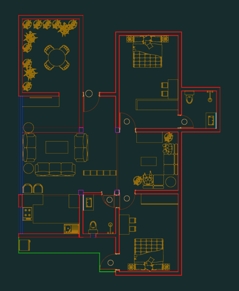 2D architectural floor plan of a two-bedroom apartment showing furniture layout and terrace.