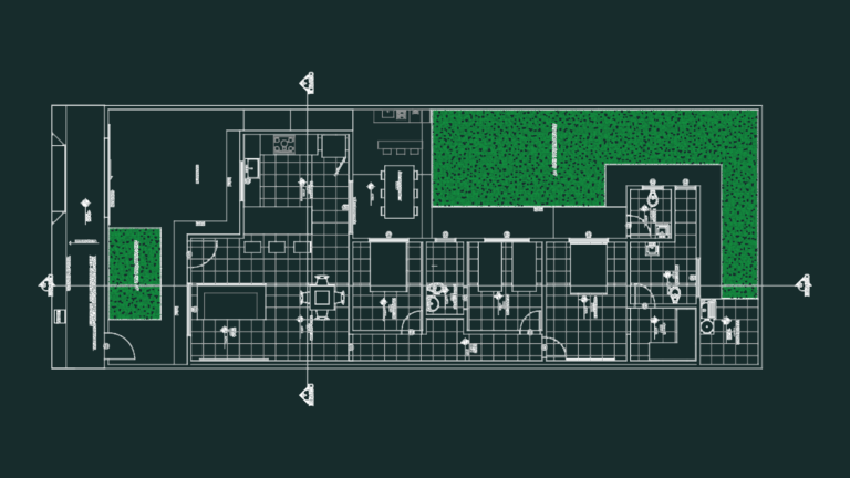 Architectural floor plan of a one-story house with a garage and outdoor area.