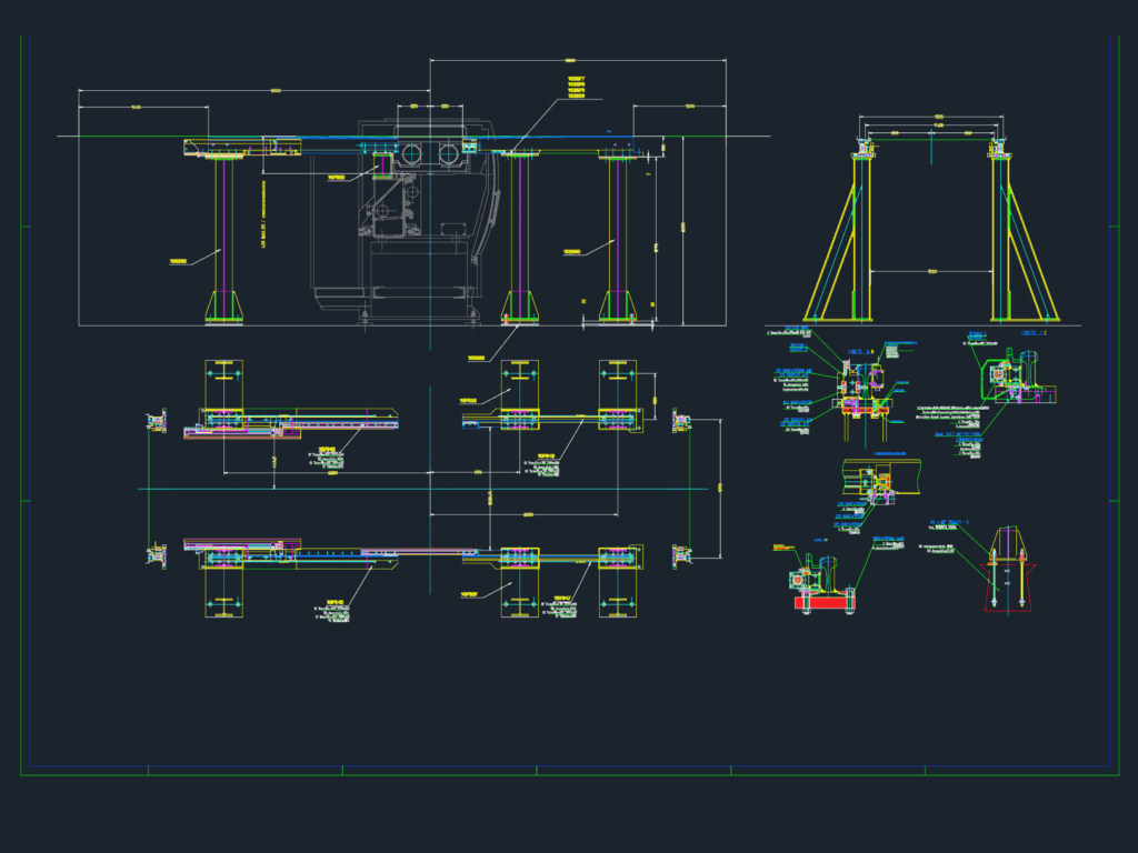Mechanical CAD drawing of industrial machine rails showing elevation views, cross-sections, and mounting hardware.