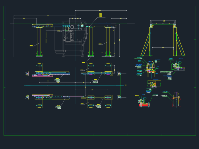 Mechanical CAD drawing of industrial machine rails showing elevation views, cross-sections, and mounting hardware.