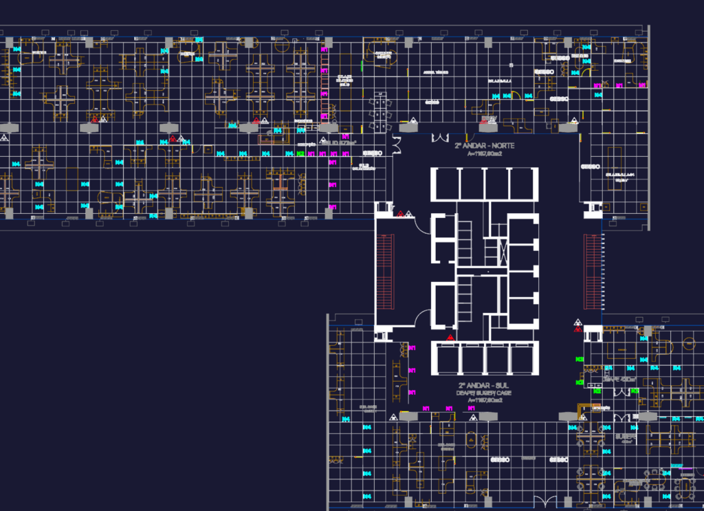 2D office layout plan with workstation arrangements, partitions, and equipment legends.
