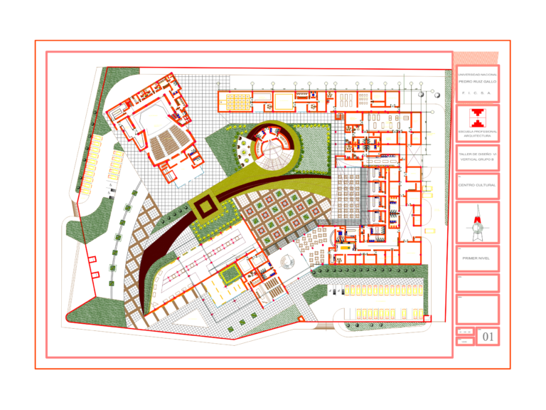 Architectural floor plan of a cultural center including an amphitheater and various workshop rooms.