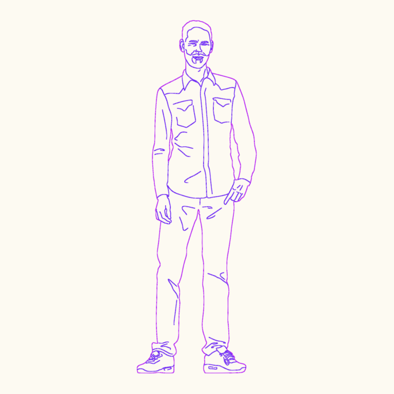 Line drawing of a man standing in a front-view pose wearing a button-down shirt and jeans.