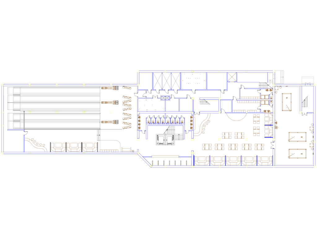 CAD floor plan of a bowling alley showing lanes, seating area, bar, and billiard tables.