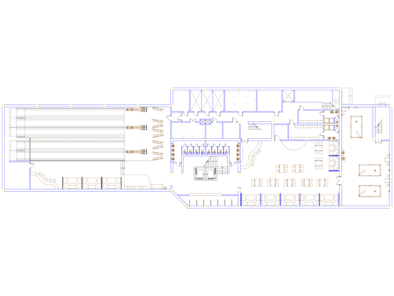CAD floor plan of a bowling alley showing lanes, seating area, bar, and billiard tables.