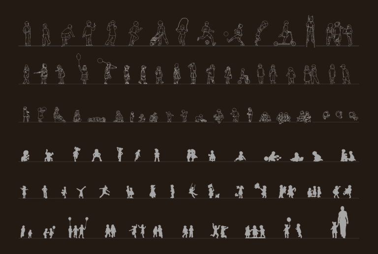 2D CAD blocks showing silhouettes and outlines of children playing, biking, and running in elevation.