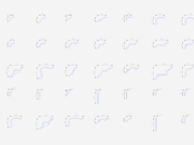 Multiple cross-section profiles of architectural cornices and mouldings.