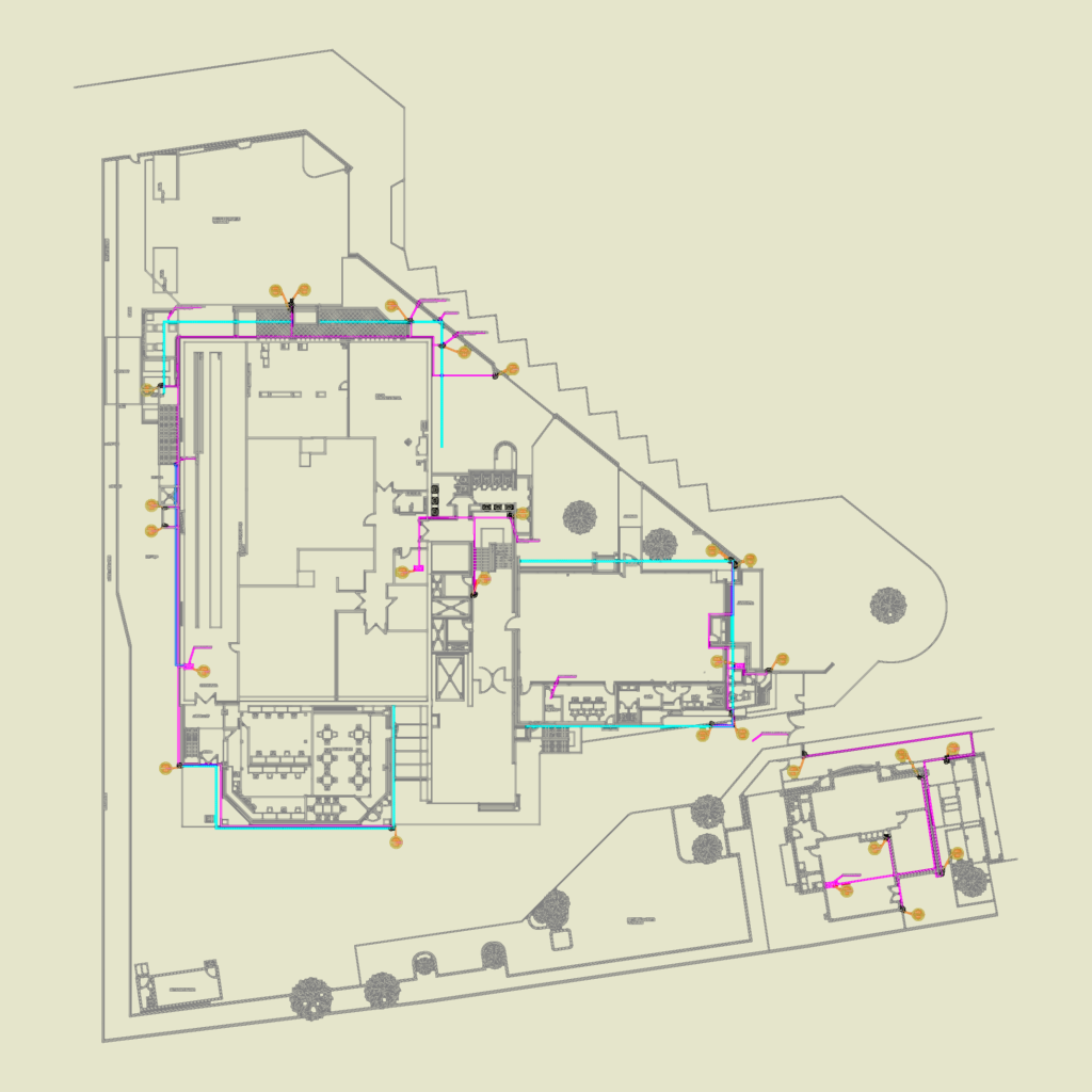 CAD floor plan showing CCTV camera symbols and wiring for a commercial office and server room.