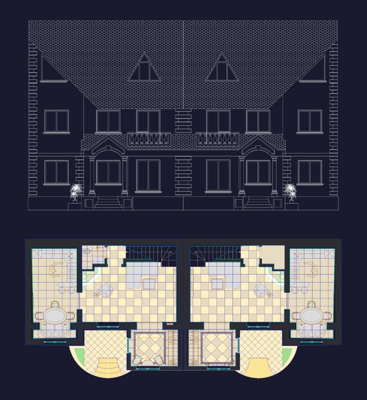 Semi-Detached Residential House Floor Plan and Front Elevation