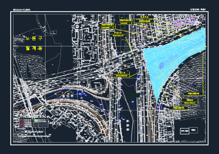 Civil engineering site plan of Uicheon Stream in Seoul showing bridge layouts, land parcels, and culvert dimensions.