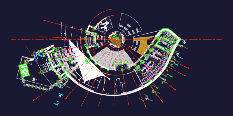 Service building floor plan DWG with plumbing and sanitation networks