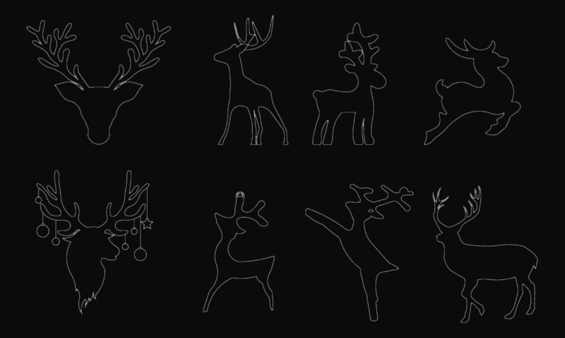 Set of Eight Reindeer Outlines and Silhouettes for Christmas Decorations