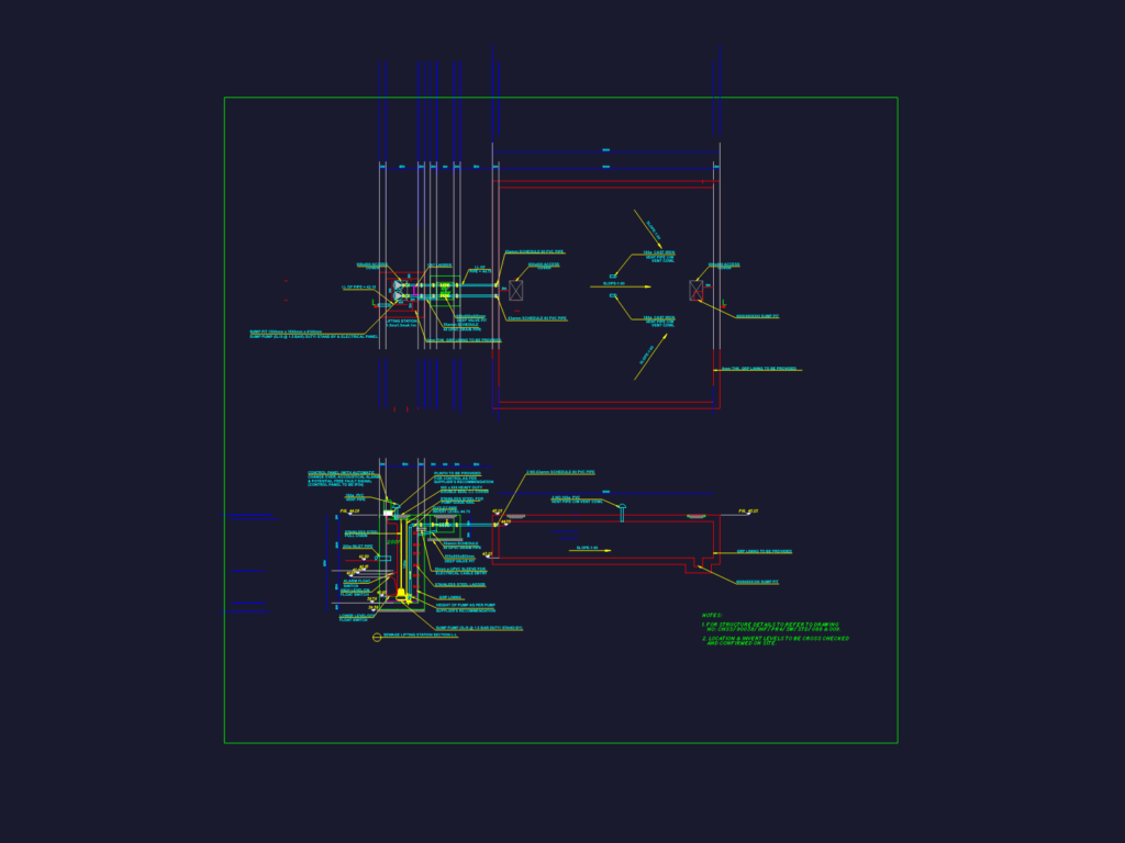 Technical section drawing of a sewage lifting station showing sump pumps, cat ladder, and valve pit.