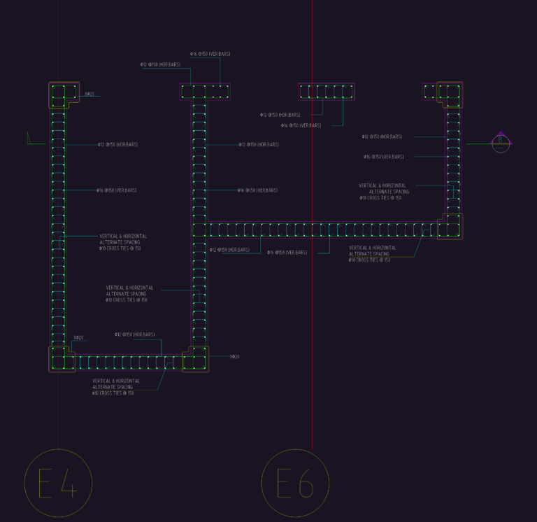 Structural CAD drawing of reinforced concrete lift shaft cores with rebar schedules and footing sections.