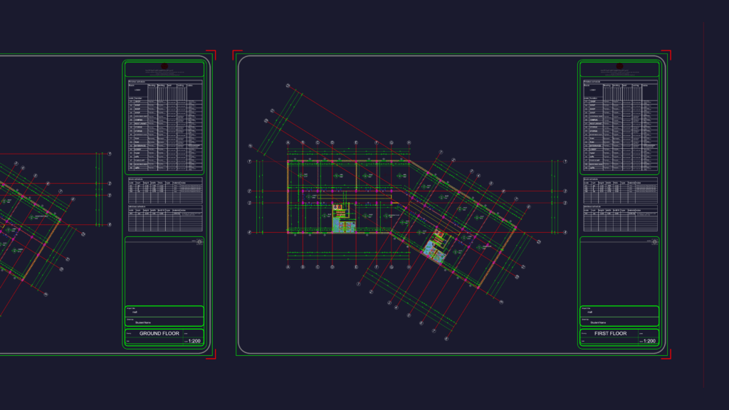 Shopping mall architectural layout showing floor plans for retail shops, cinema, and food court areas.