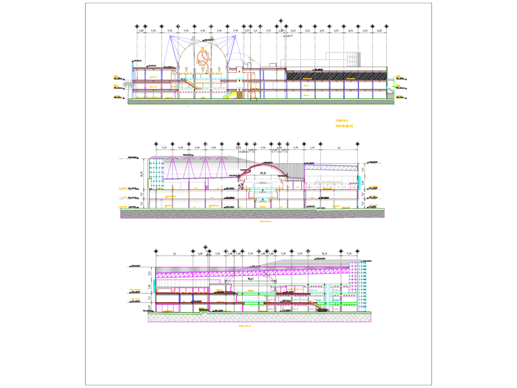 Architectural section drawings of a three-story shopping mall with a central atrium and retail spaces.