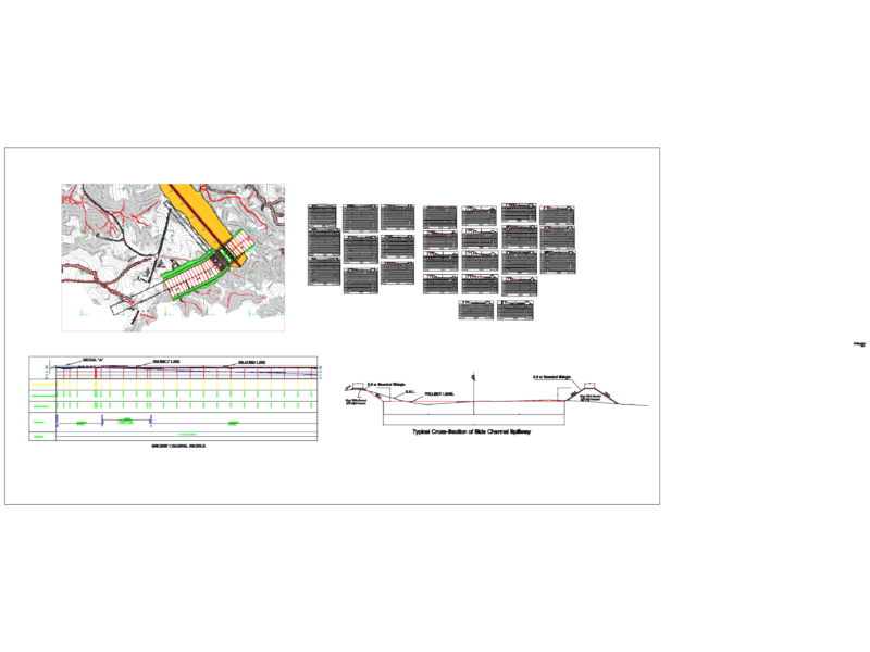 SIDE CHANNEL SPILLWAY PROFILE AND CROSS SECTIONS