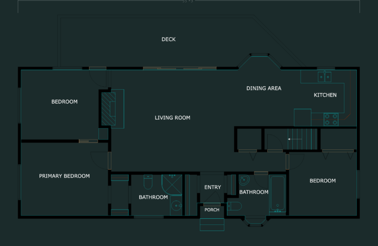 2D architectural floor plan of a three-bedroom house with a deck, living room, and kitchen.