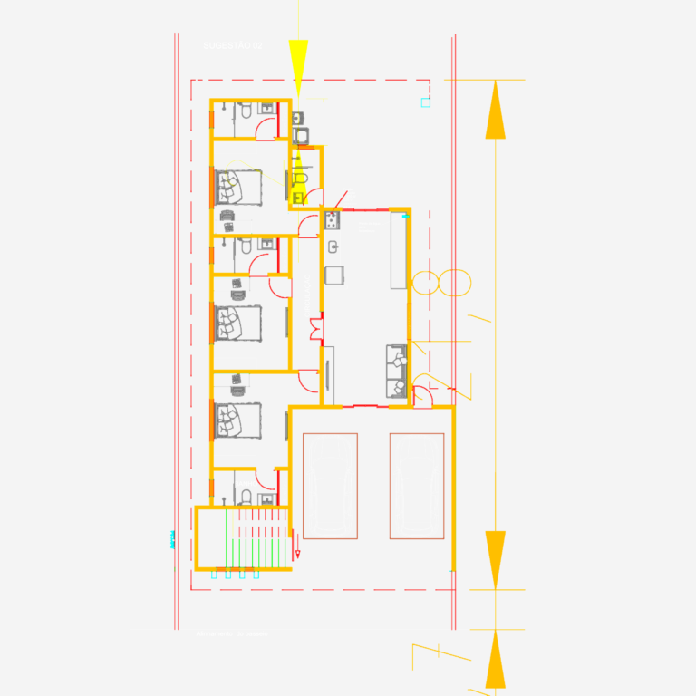 Architectural floor plan showing a 3-bedroom residence with a double garage and interior furniture layout in CAD.
