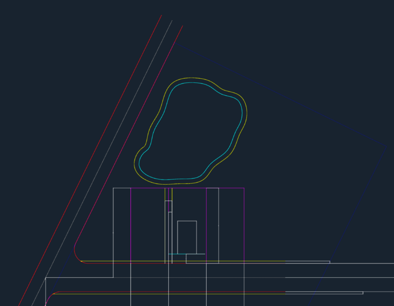Site plan drawing showing a building footprint, property boundaries, and a pond.