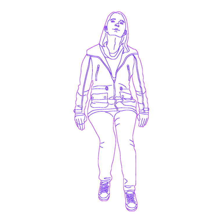 Front elevation CAD block of a woman sitting wearing a jacket and sneakers.