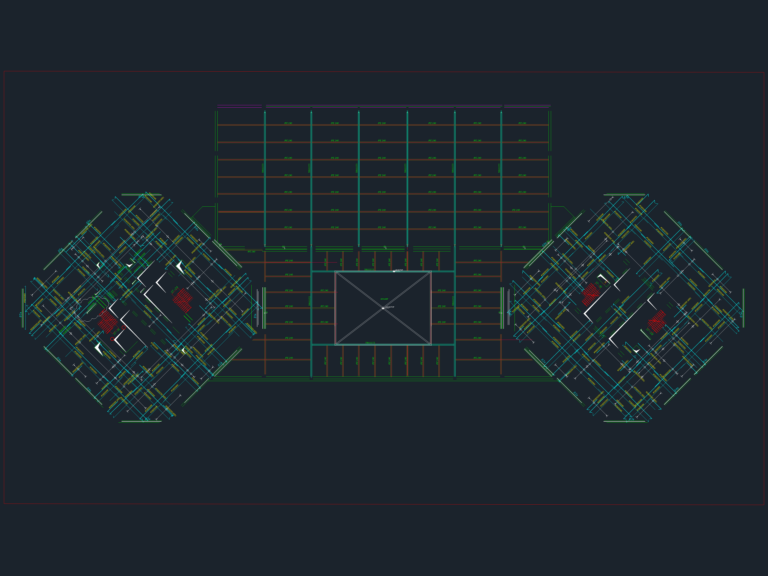 Reinforced concrete slab plan drawing with rebar callouts, steel beams, and structural trusses in CAD.