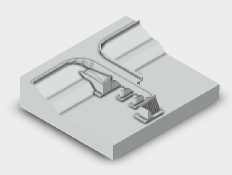 Wireframe 3D model of a small bridge structure showing the span and supports.