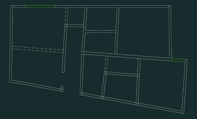 2D CAD floor plan showing wall outlines and window positions for a small apartment.