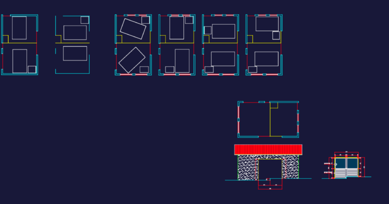 CAD drawing of a small house floor plan with multiple furniture layouts and a masonry elevation.
