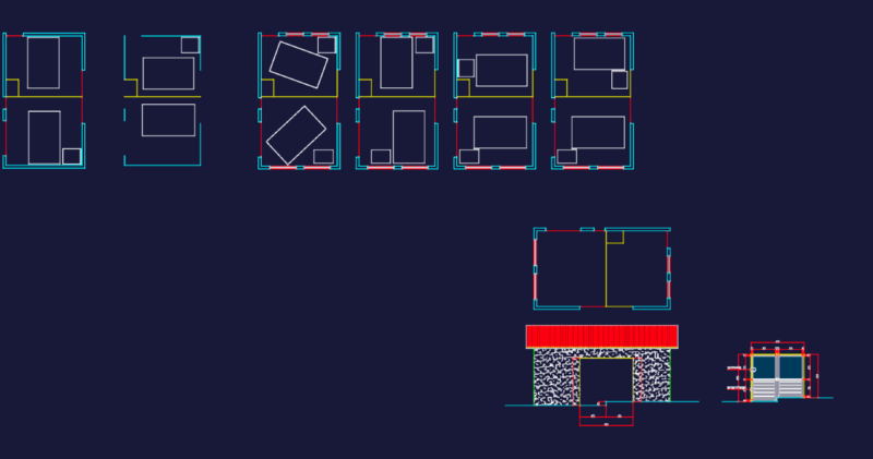 Small House Floor Plan with Multiple Furniture Layouts and Elevation