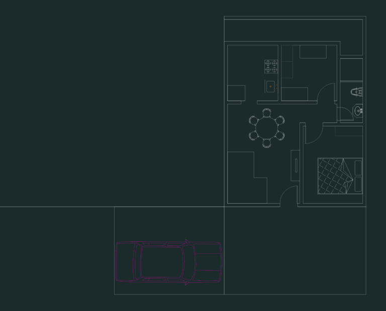 Top view CAD drawing of a small one-bedroom house plan next to a pink sedan car block.