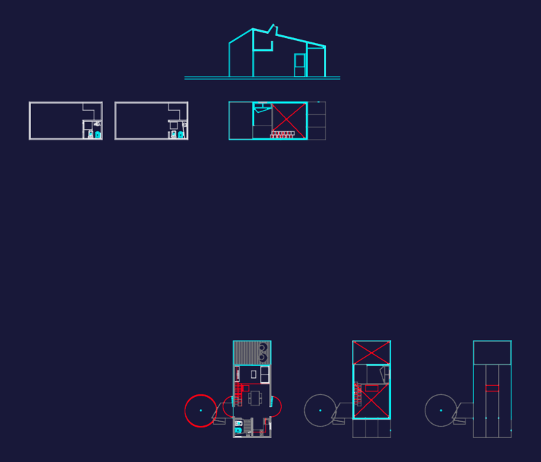 Architectural CAD drawing of a small house showing floor plans, sections, and a side elevation.
