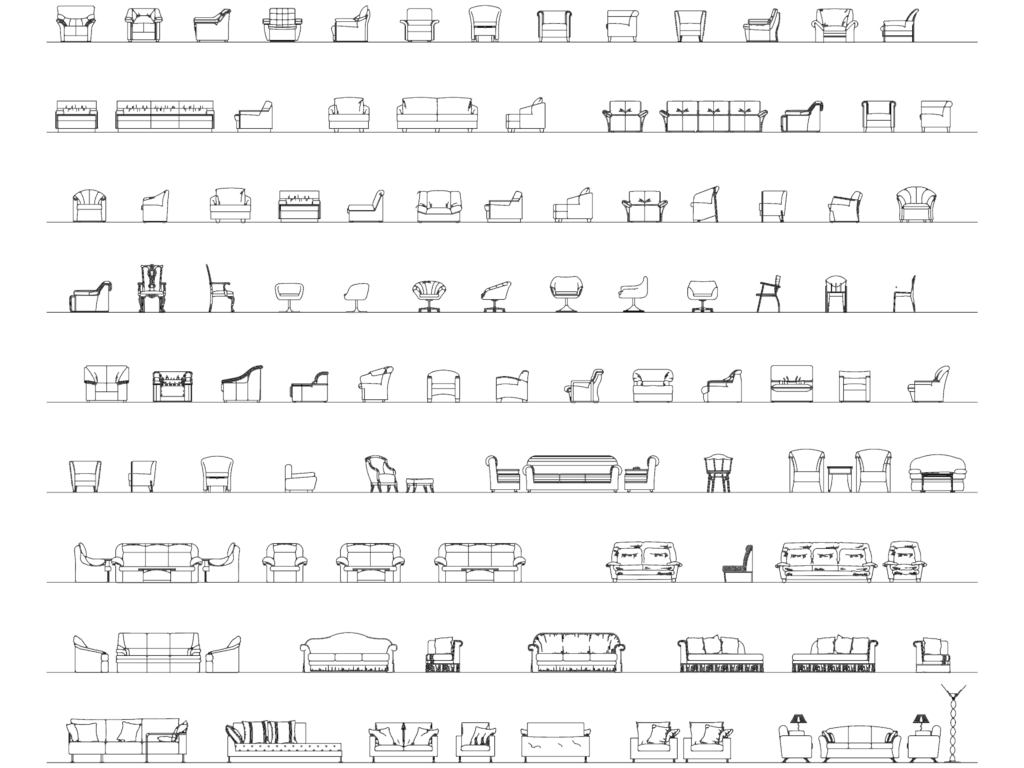 Grid of 2D CAD blocks showing front and side elevations of different sofas, armchairs, and seating furniture.