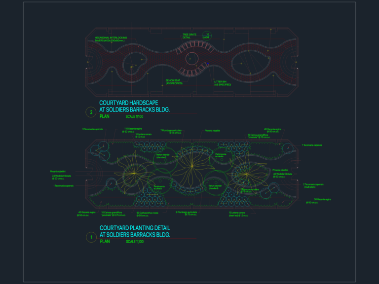 CAD plan showing hardscape pavers and a planting layout for a courtyard with plant names and schedules.
