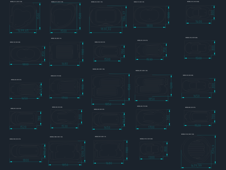 Plan view blocks of various spa bath and jacuzzi models with dimensions and labels in a DWG file.