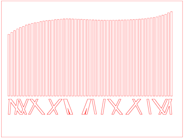 CAD drawing of a decorative laser cut panel with vertical bars and roman numerals at the base.