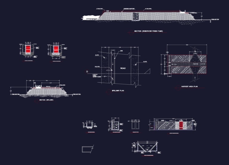 CAD drawing showing spillway plan, wing wall sections, sluice gate detail, and fresh water flume for a prawn farm.