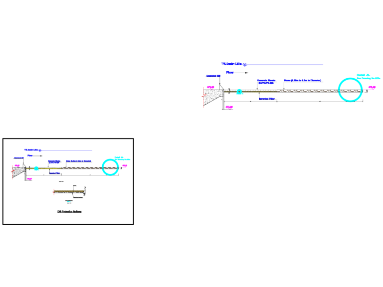CAD detail for spillway protection showing dentated sill, flow direction, concrete blocks, and inverted filter.
