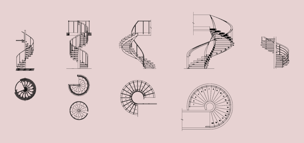 Technical drawing illustrating multiple spiral staircase designs in plan and elevation with numbered steps and handrails.