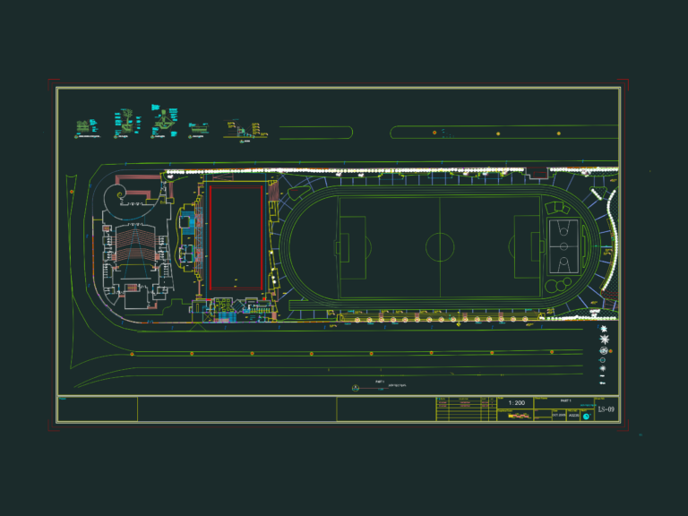 Technical CAD section of tree and palm planting with drainage layers and soil mix.