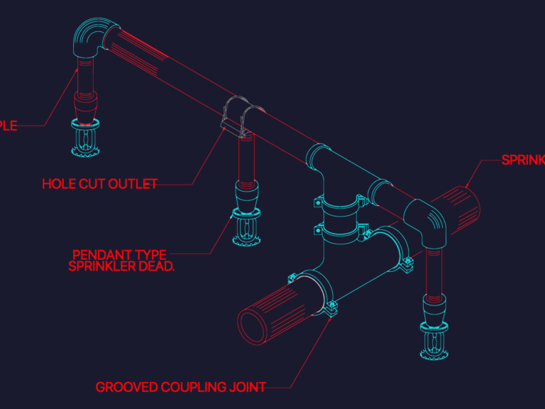 Isometric fire sprinkler branch connection detail from main pipe with labels.
