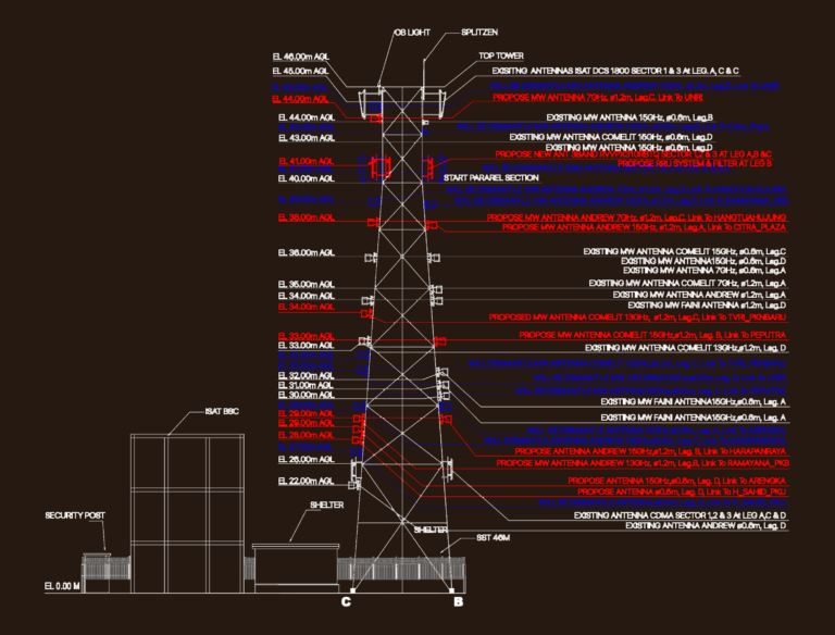 CAD drawing of a 46m self-supporting telecom tower site with equipment shelter and wiring diagrams.