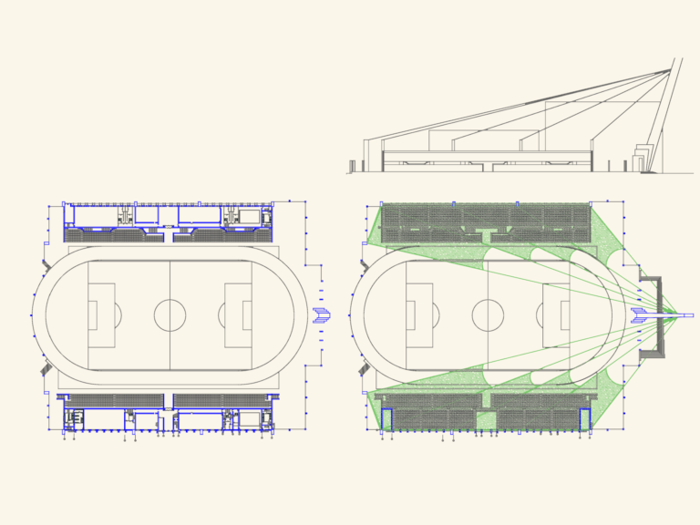Architectural CAD drawing of a stadium with floor plans, seating arrangements, and a cable-stayed roof elevation.