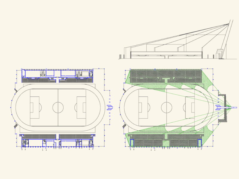 Stadium floor plan and elevation with cable stay roof