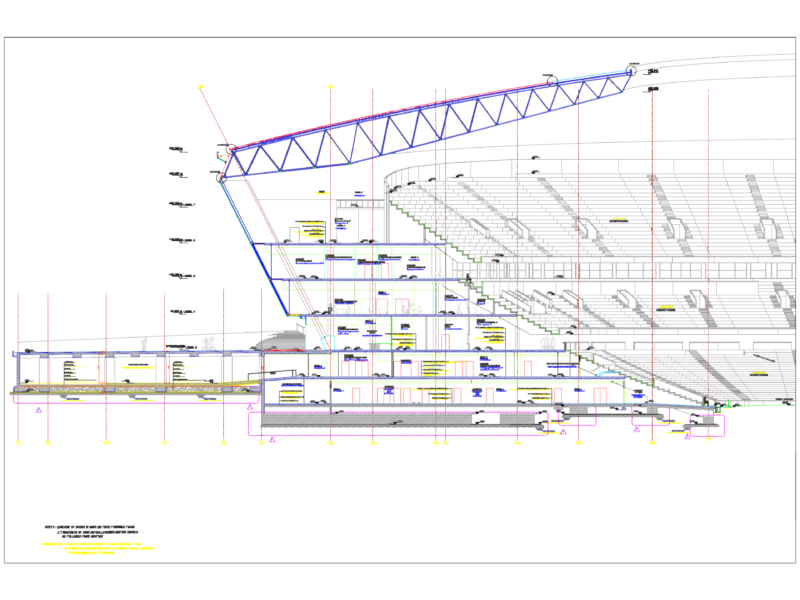 Stadium section showing steel truss roof and tiered seating