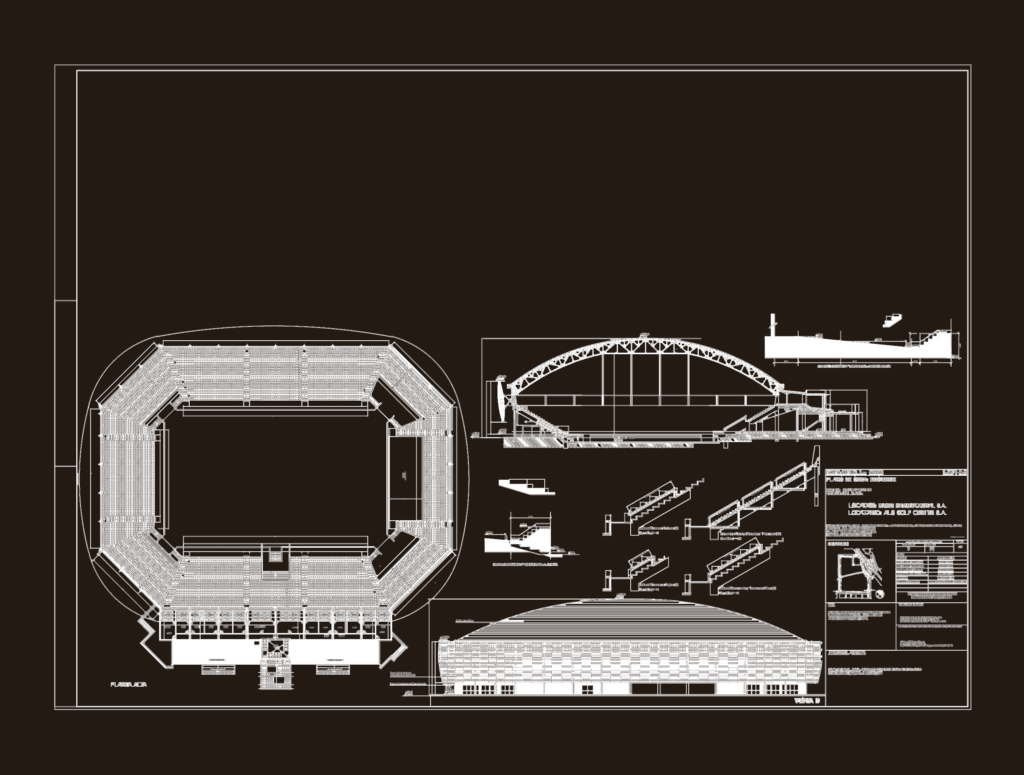 Architectural drawing of a stadium featuring upper floor plan, structural cross-section, and building elevation.