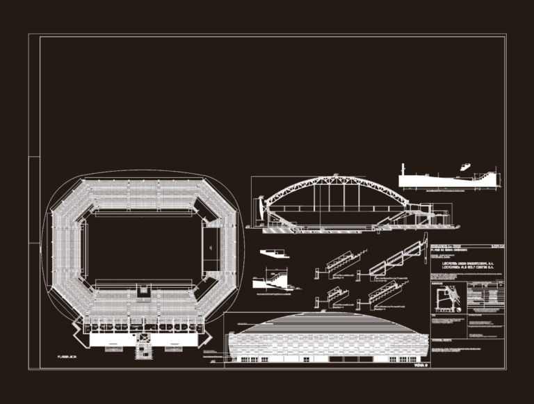 Architectural drawing of a stadium featuring upper floor plan, structural cross-section, and building elevation.
