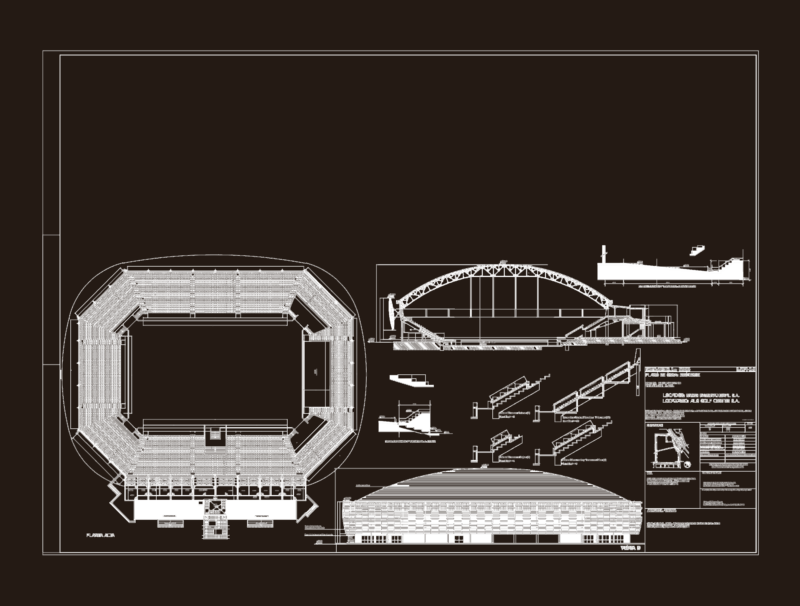 Stadium upper floor plan with cross section and elevation